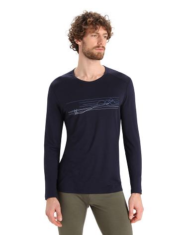 Men's Icebreaker Merino 200 Oasis Long Sleeve Crewe Ski Stripes Base Layers Midnight Navy | CA 1581XYUF